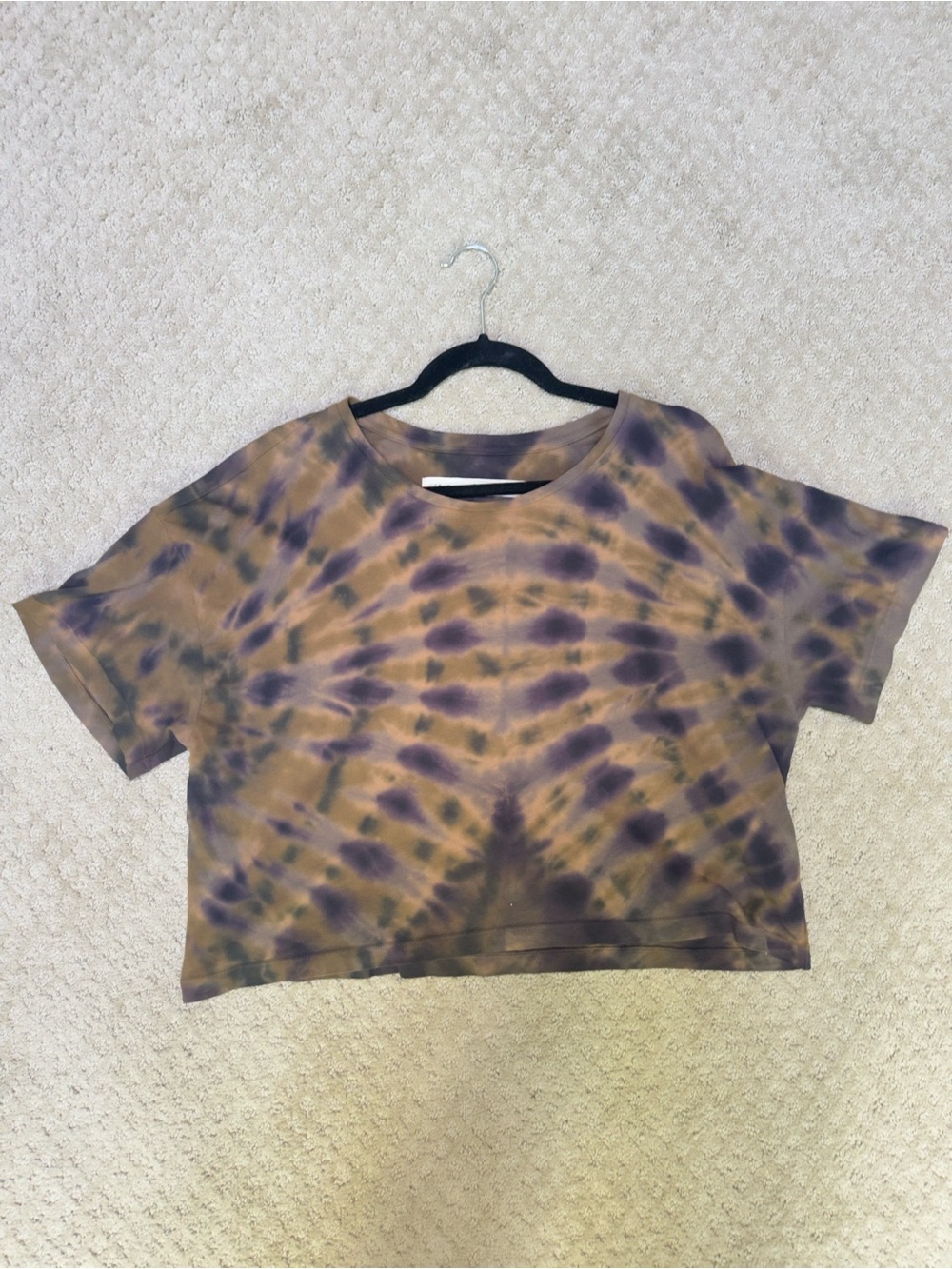 Raquel Allegra Brown Purple Tie Dye Cropped Boxy Cotton T-Shirt, size Medium